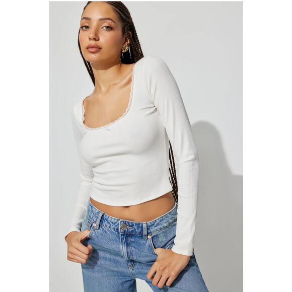 Garage White Ribbed Long Sleeve Scoop Neck Top Stretchy Size XS - Picture 1 of 8